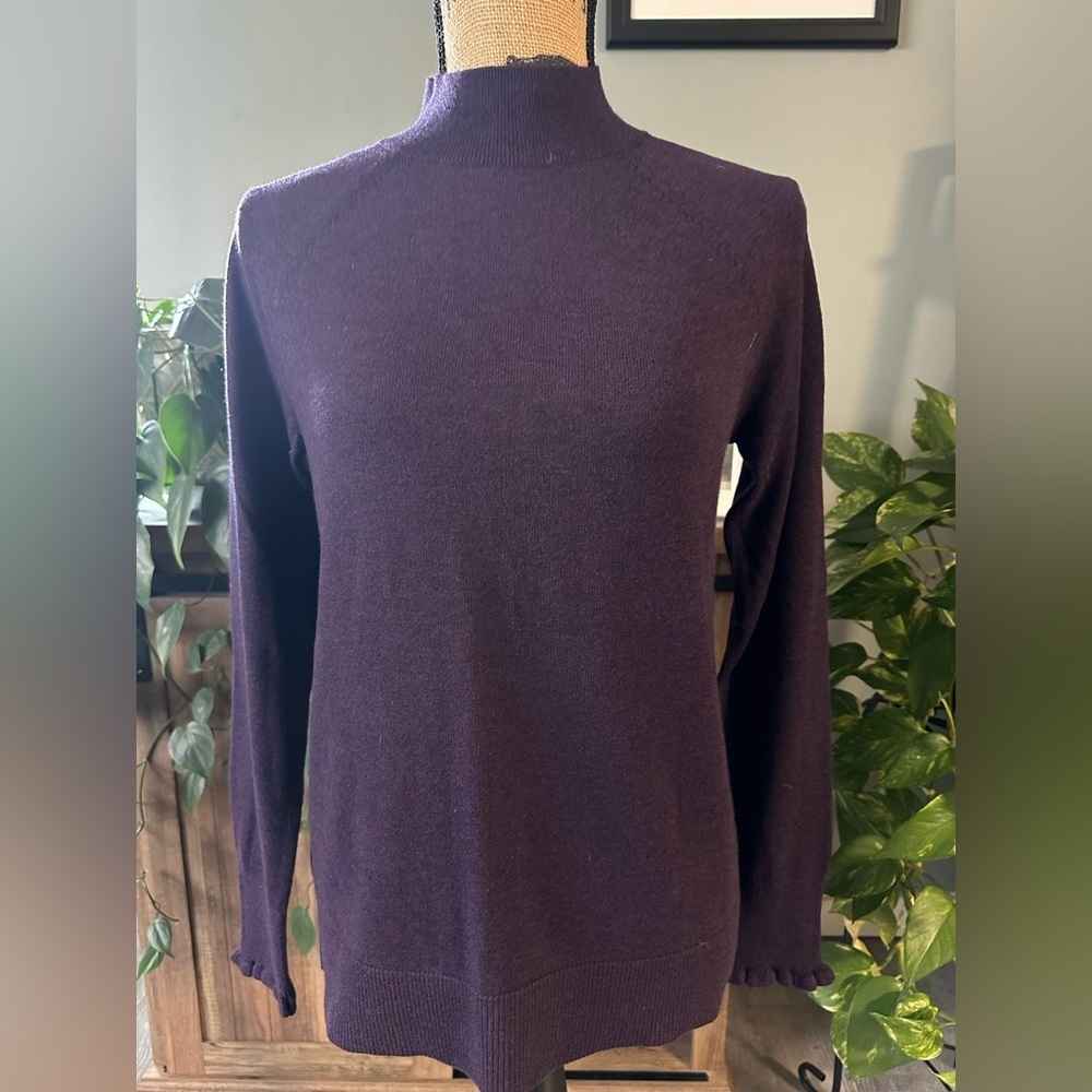 LOFT Deep Plum Mock Turtleneck Sweater with Ruffle Detail. Size X-Small.